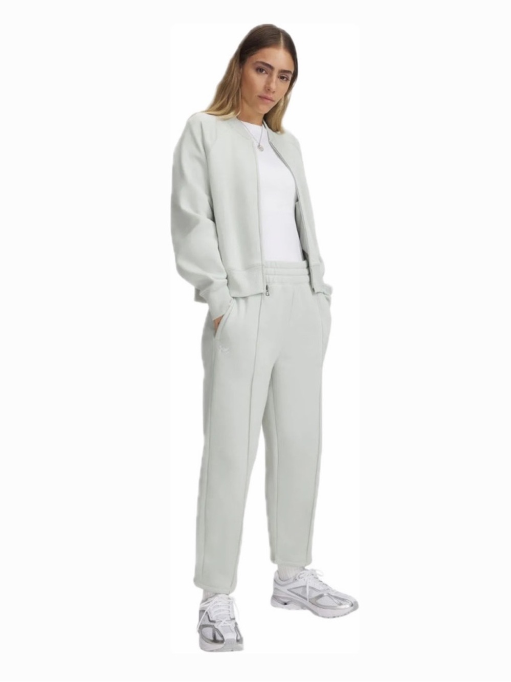 UA WOMEN S RIVAL FLEECE PINTUCK ANKLE PANT HYDRO GREEN/WHITE
